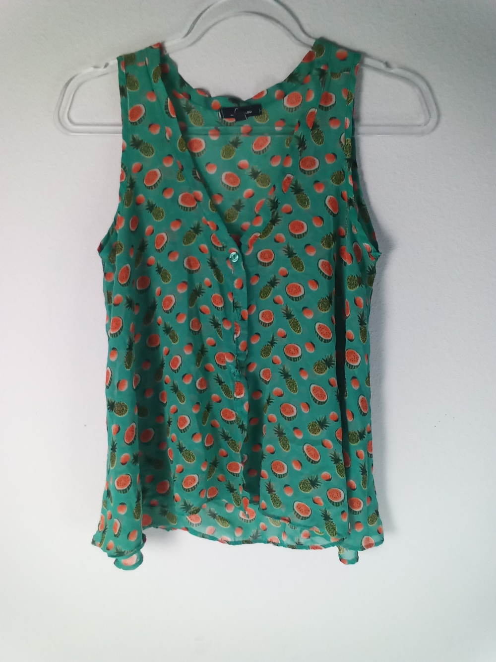 Soprano Green Sleeveless Button Up Watermelon And Pineapple Print Size M